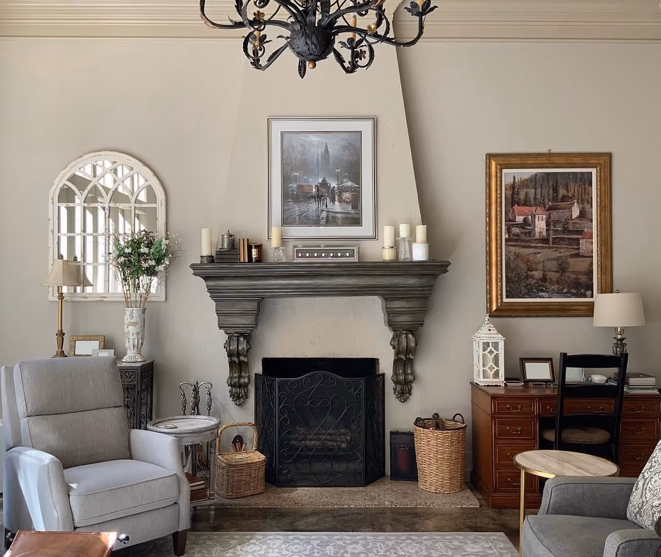 Complete interior repaint featuring freshly painted walls, trim, and fireplace detailing